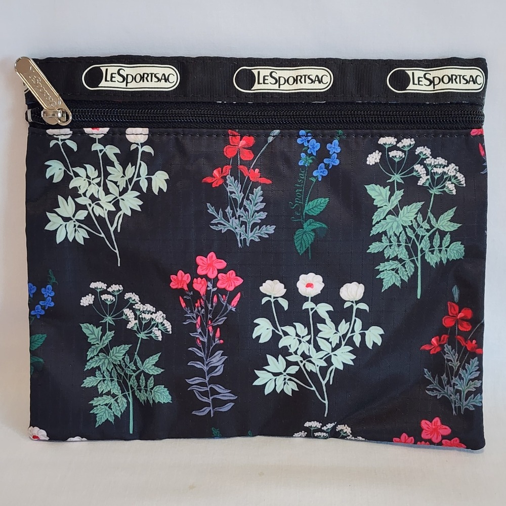 LeSportsac Botanical Floral Print Cosmetic Pouch Black Pink‎ Lining Ripstop Bag